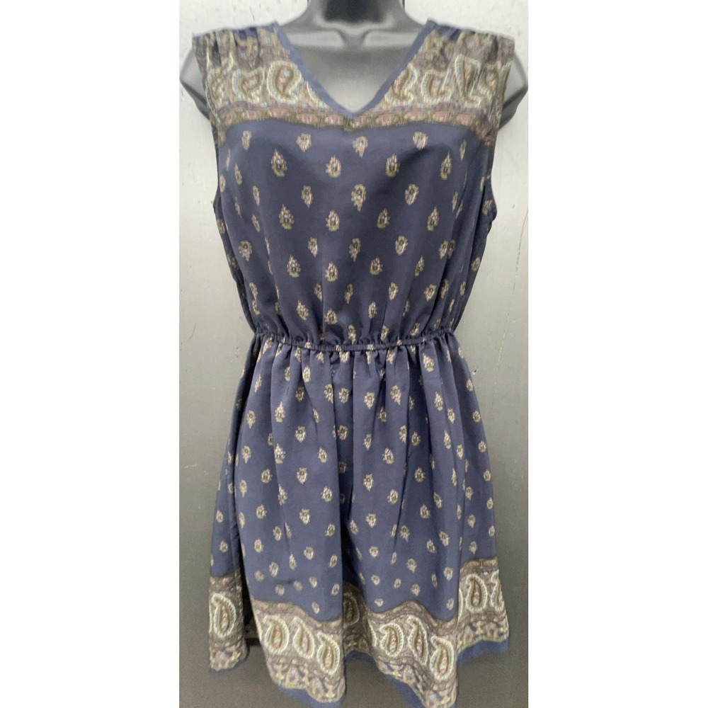 Womens Mini Dress M Blue Paisley Sleeveless Elastic Waist Preppy Y2K Classic USA